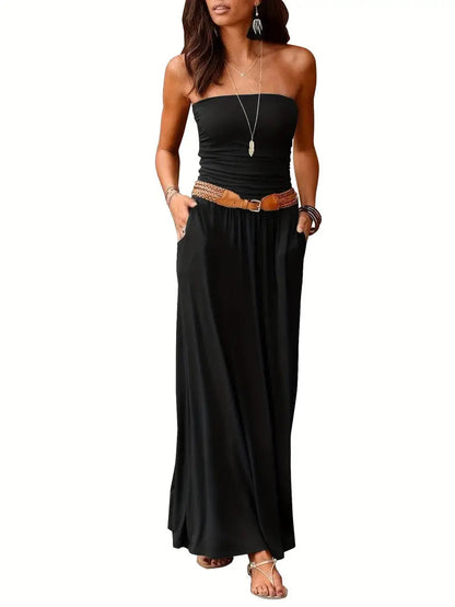 Color Versatile Strapless Maxi Dress With Pockets