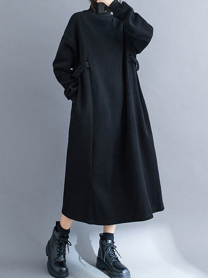A-line Long Sleeves Color Mock Neck Midi Dresses