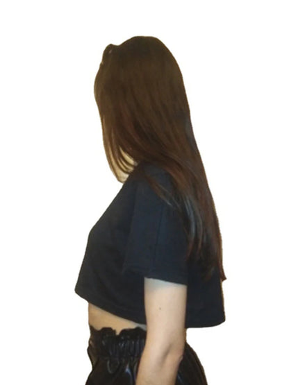 Harajuku Shirt Funny Y2k Crop Tops Black Femme Navel T-shirt Round Neck Short Loose Tee Shirt Summer