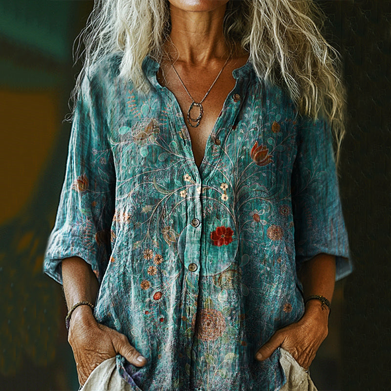 Women's Vintage Floral Print Casual Cotton And Linen Shirt elevenforest