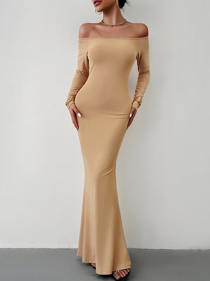 Bodycon Long Sleeves See-through Color Off-the-shoulder Maxi Dresses