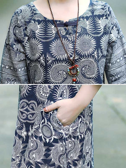 Cotton Blend Printing Midi Dresses