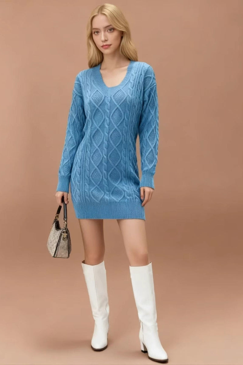 V-neck Cable Knit Sweater Dress