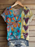 Women's Floral Heart Colorblock Art Print V-Neck T-Shirt