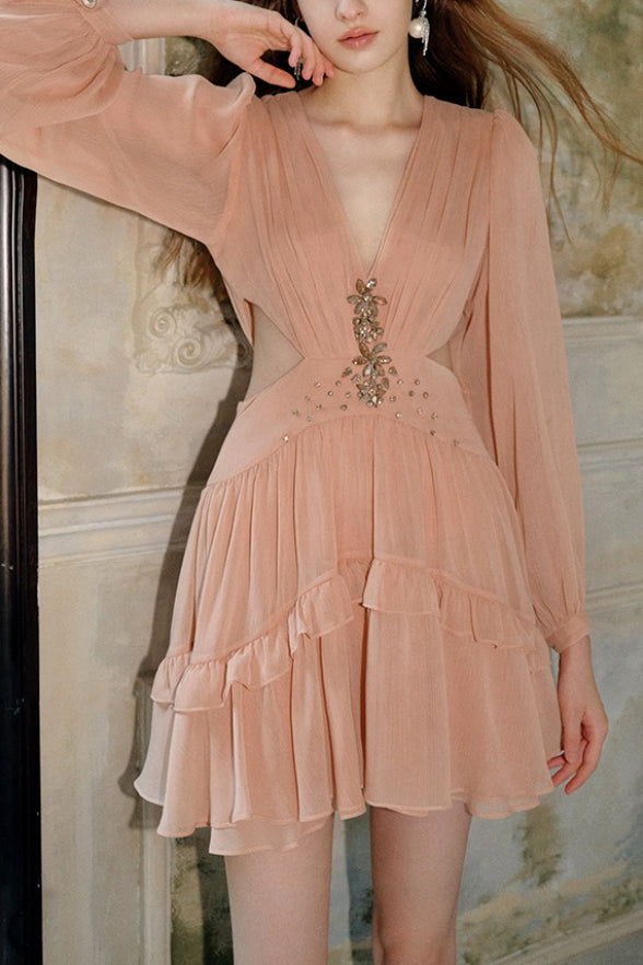 Deep V Cut Out Waist Rhinestone Chiffon Mini Dress