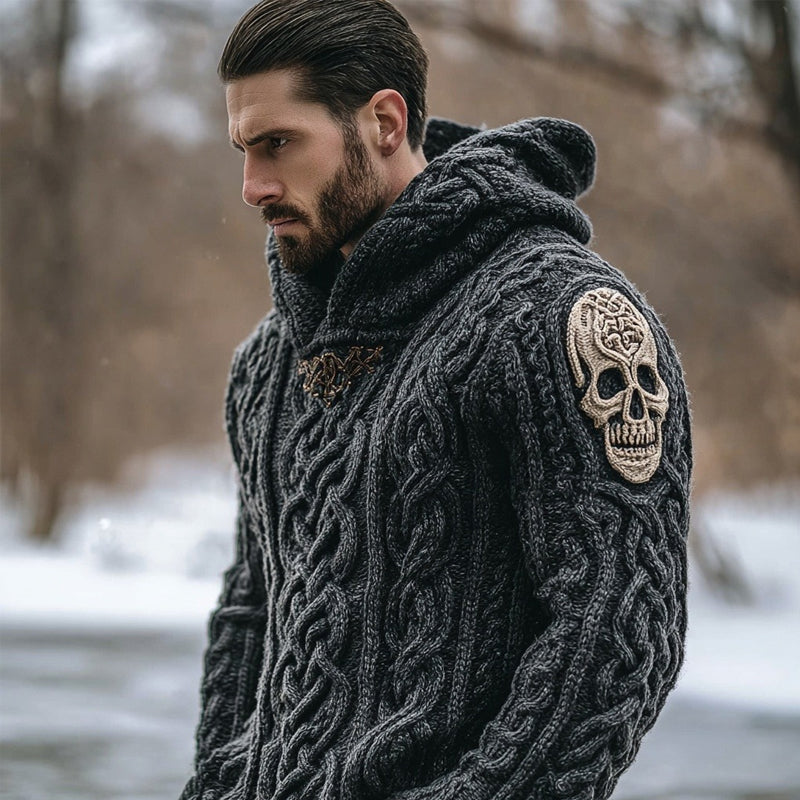 Men's Vintage Skull Jacquard Chunky Hooded Sweater elevenforest