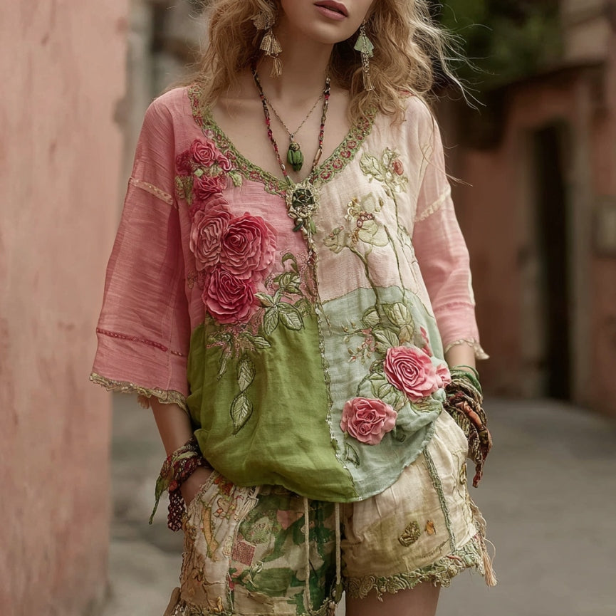 Women's Vintage Floral Embroidery Art V Neck Linen Comfy T-shirt elevenforest