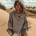Vintage Floral Embroidered Art Crew Neck Comfy Shirt elevenforest