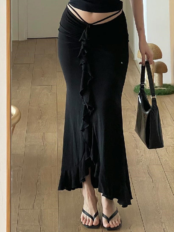 Black Low Rise Ruched Ruffled Trim Midi Skirt