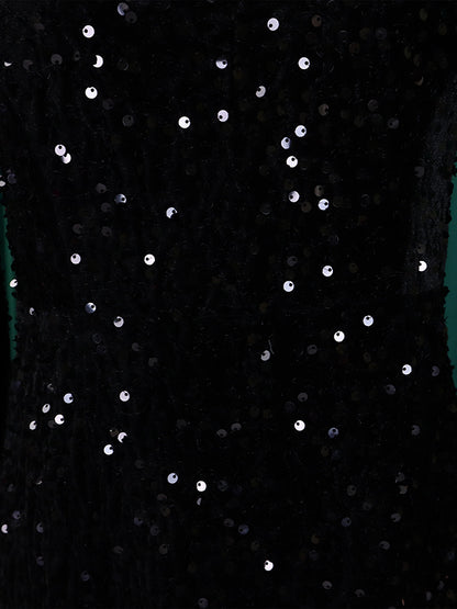 A-line High Waisted Sequined Split-joint Zipper Round-neck Maxi Dresses