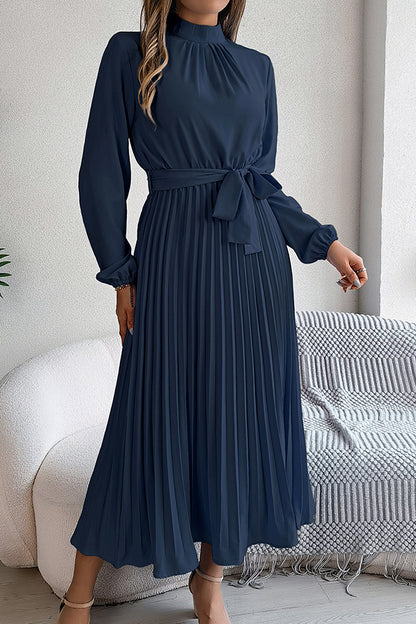 Stand-collar Long-sleeve Waisted Tie-up Pleated Midi Dress