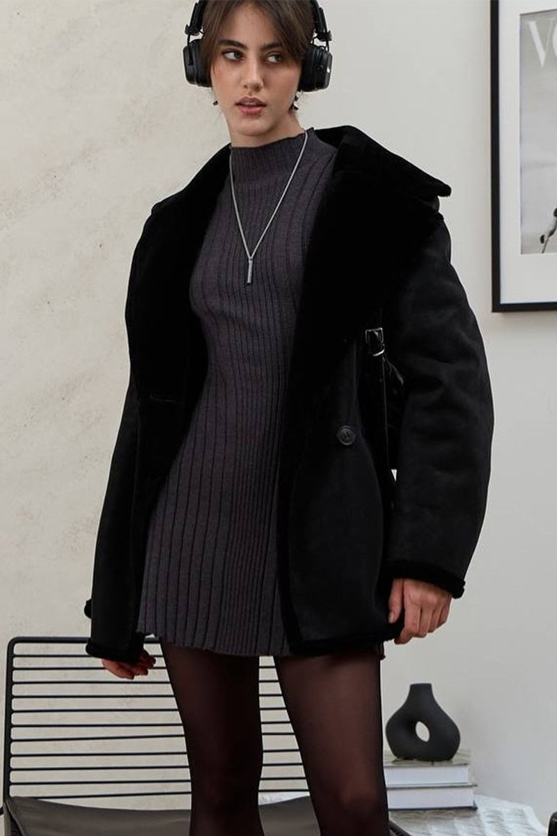 Playful Knit Mock Neck Long Sleeve a Line Mini Dress