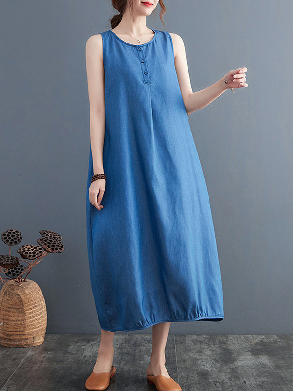 A-line Loose Buttoned Pleated Color Round-neck Midi Dresses