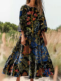 Women's Vintage Folk Floral Print Flowy Round Neck Pocket Cotton Dress