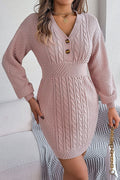 Marianne® | Buttoned, hip-hugging sweater dress with twisted lantern sleeves and V-neckline