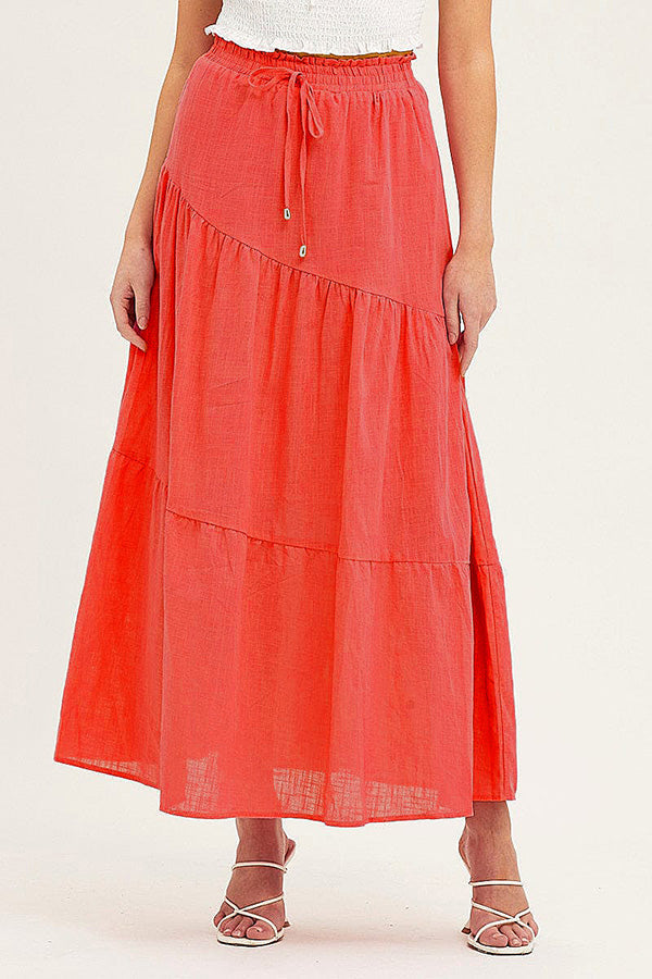Color Cotton and Linen Elastic Waist Pleated Skirt