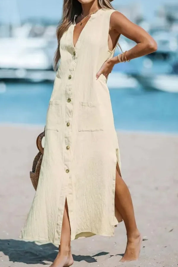 Cotton and Linen Sleeveless Loose V-neck Maxi Dress