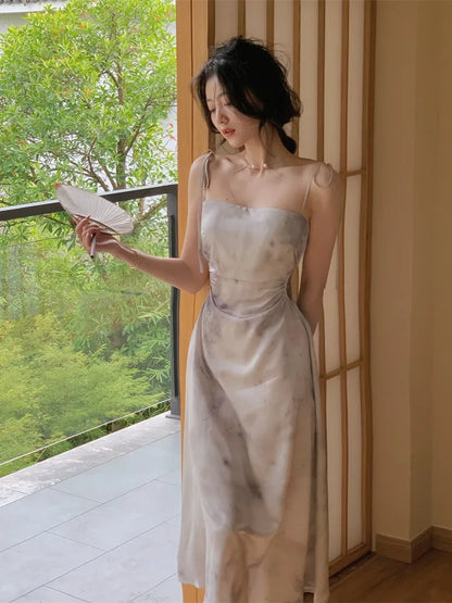 Spaghetti Strap Satin Midi Dress Hollow Out Slim Waist Summer Prom Roe One Piece Vestidos Mujer New