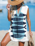 Women's Fish Art Print Casual Cotton And Linen 3/4 Sleeve Shirt