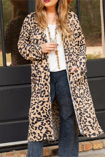 Leopard Open Front Pocketed Long Cardigan