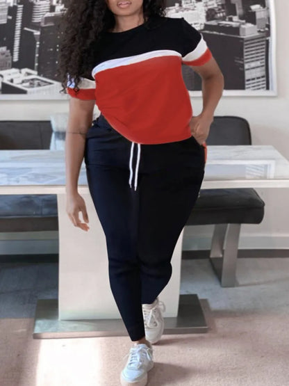 Patchwork Drawstring Pants Set Color Block Skinny Short Sleeve Trousers Two Pieces Matching Suits Outfit