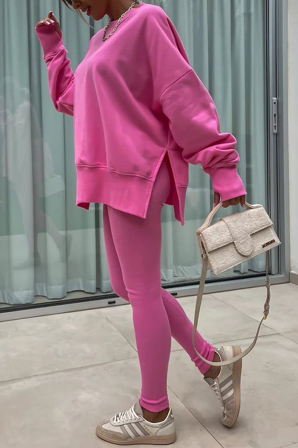 Color Loose Long Sleeve Slitsweatshirt and Elastic Waist Tight Pants Set