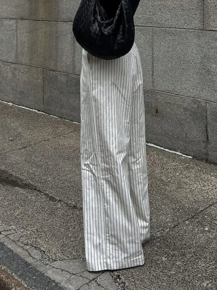 ’s Black White Stripe Wide Leg Pants New High Waist Zipper Loose Work Business Pants With Pockets