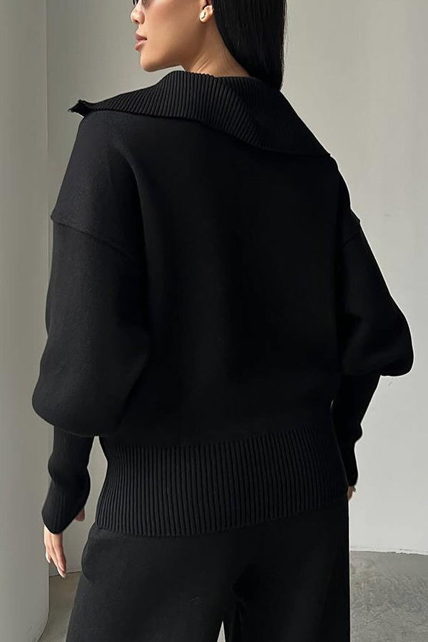 Color Long-sleeved Zip-up Sweatshirt and Elastic Waist Loose Pocket Pants Set