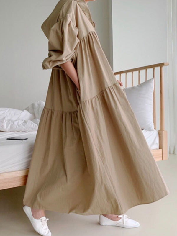 Urban Color Pleated Long Sleeves Hooded Midi Dress