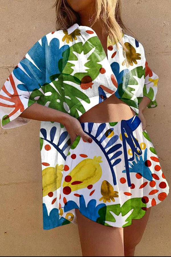 Print Button Pocket Lace Up Shorts Set