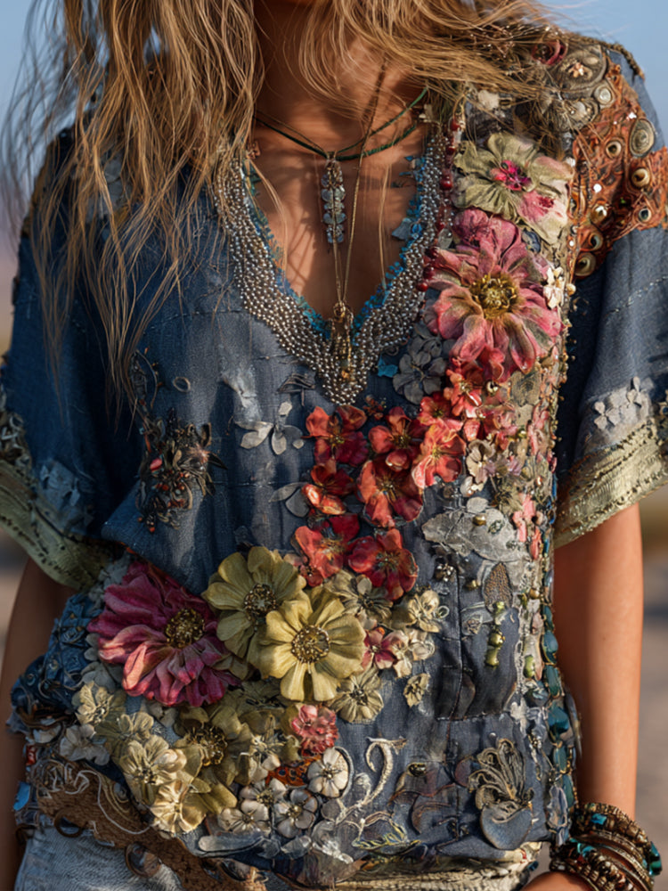 Bohemian Style Three-dimensional Multi-colored Floral V-neck Short-sleeved Shirt elevenforest