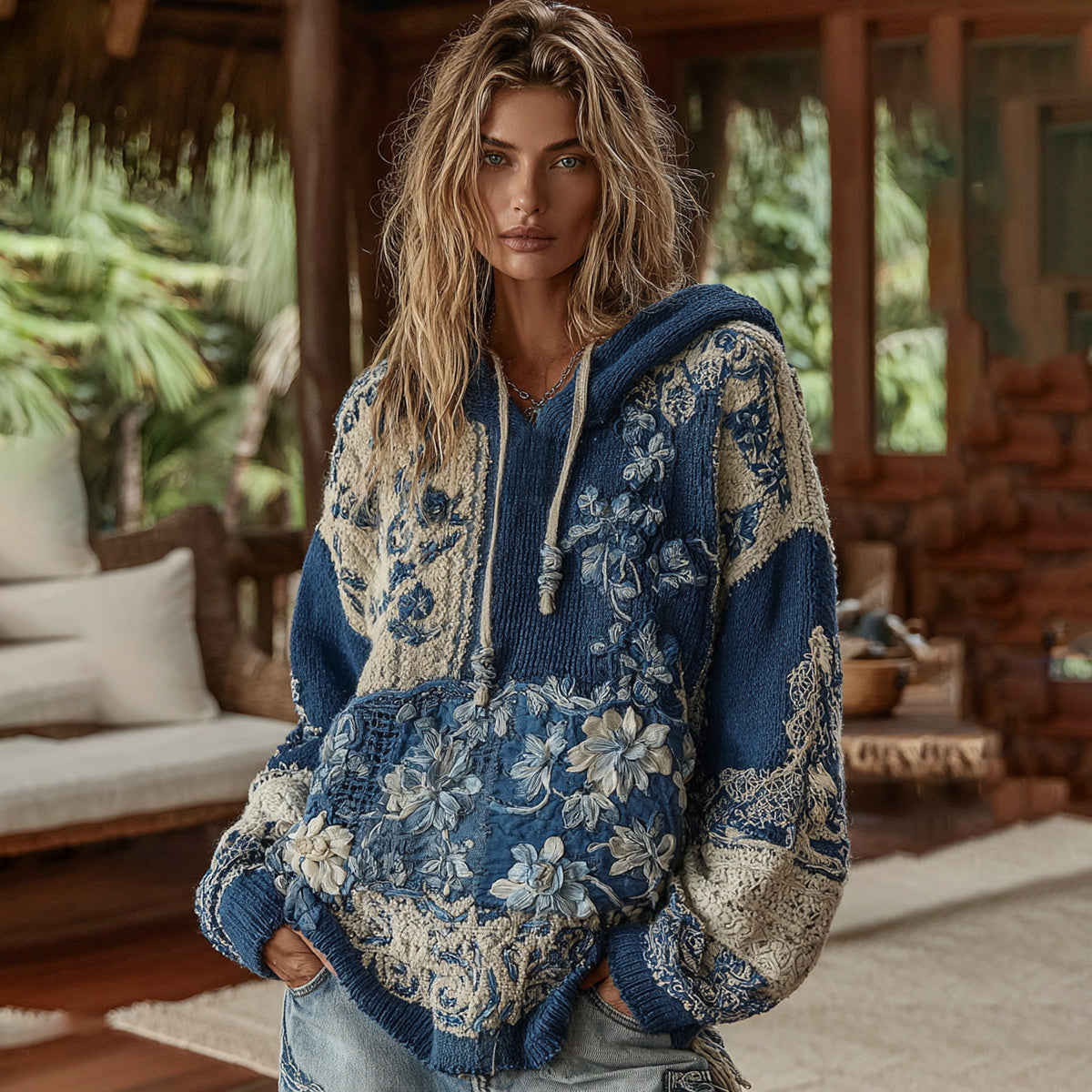 Vintage Bohemian Floral With  Japanese Traditional Sashiko Patchwork Art Embroidery Inspired  Hooded Sweater artswardrobe