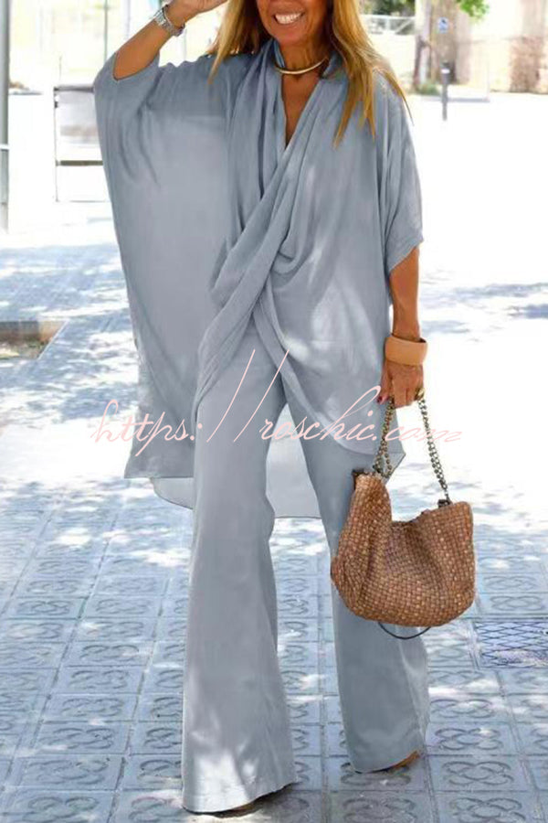 V Neck Trumpet Sleeve Top and Pants Two Piece Set