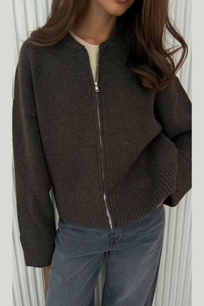 Color Zip-up Loose Fit Knit Sweater