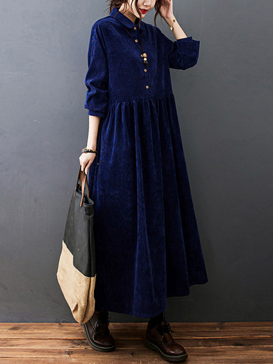 Split-joint Color Long Sleeves Lapel A-line Corduroy Midi Dress