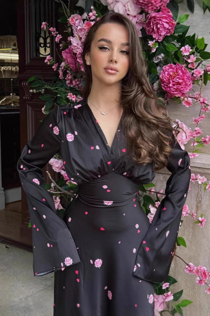 Satin V Neck Flared Hem Maxi Dress