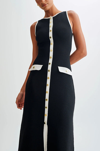 Slim Fit Crew Neck Buttoned Sleeveless Knit Midi Dress
