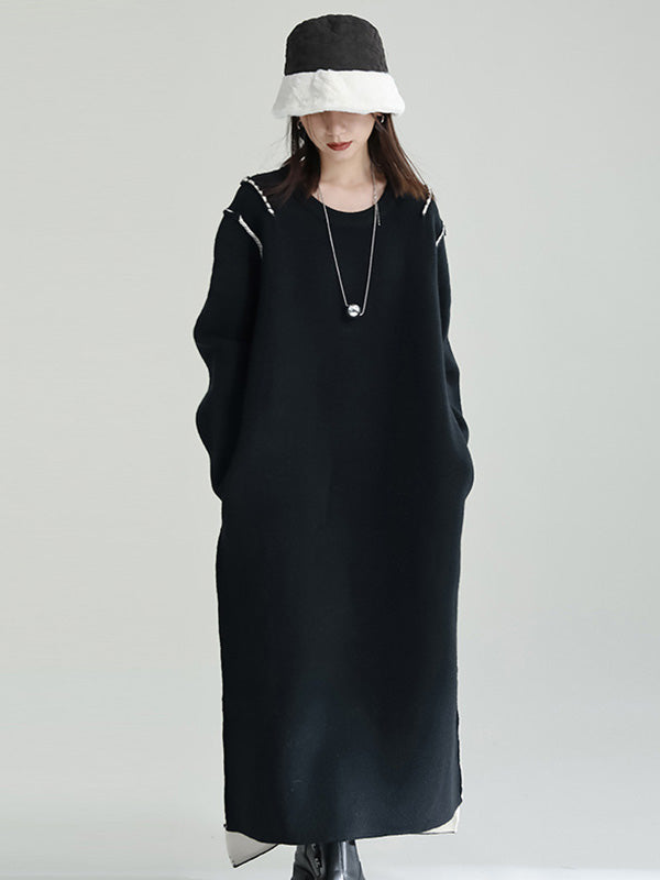 Long Sleeves Loose Color Round-neck Sweater Dresses