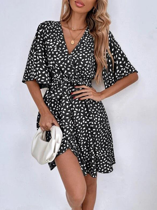 Half Sleeves Loose Pleated Printed Ruffled Tied Waist V-neck Mini Dresses