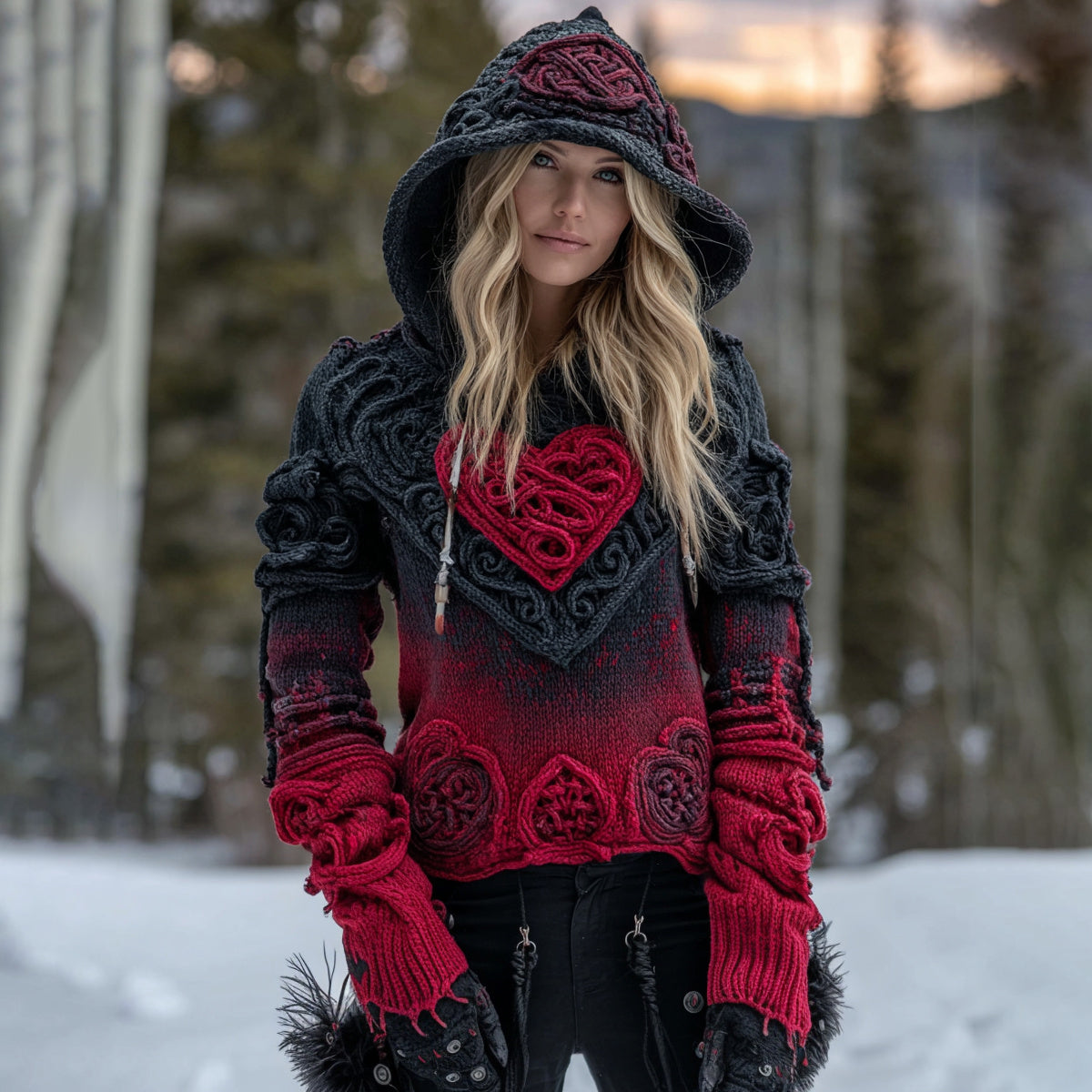 Women's Vintage Heart Gradient Art Knit Hooded Sweater elevenforest