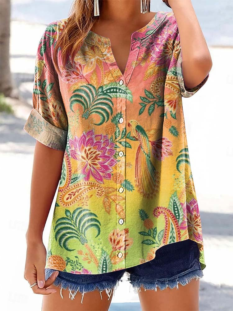 Women's Vintage Floral Pattern Art Print Casual Cotton Linen Shirt