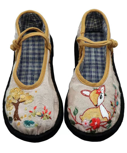 Linen Fabric Animal Embroidery Splicing Buckle Strap Flat Shoes