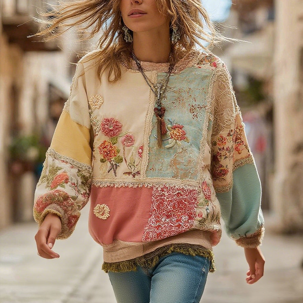 Women's Retro Bohemian Floral Stitching Comfortable Crew Neck Sweatshirt elevenforest
