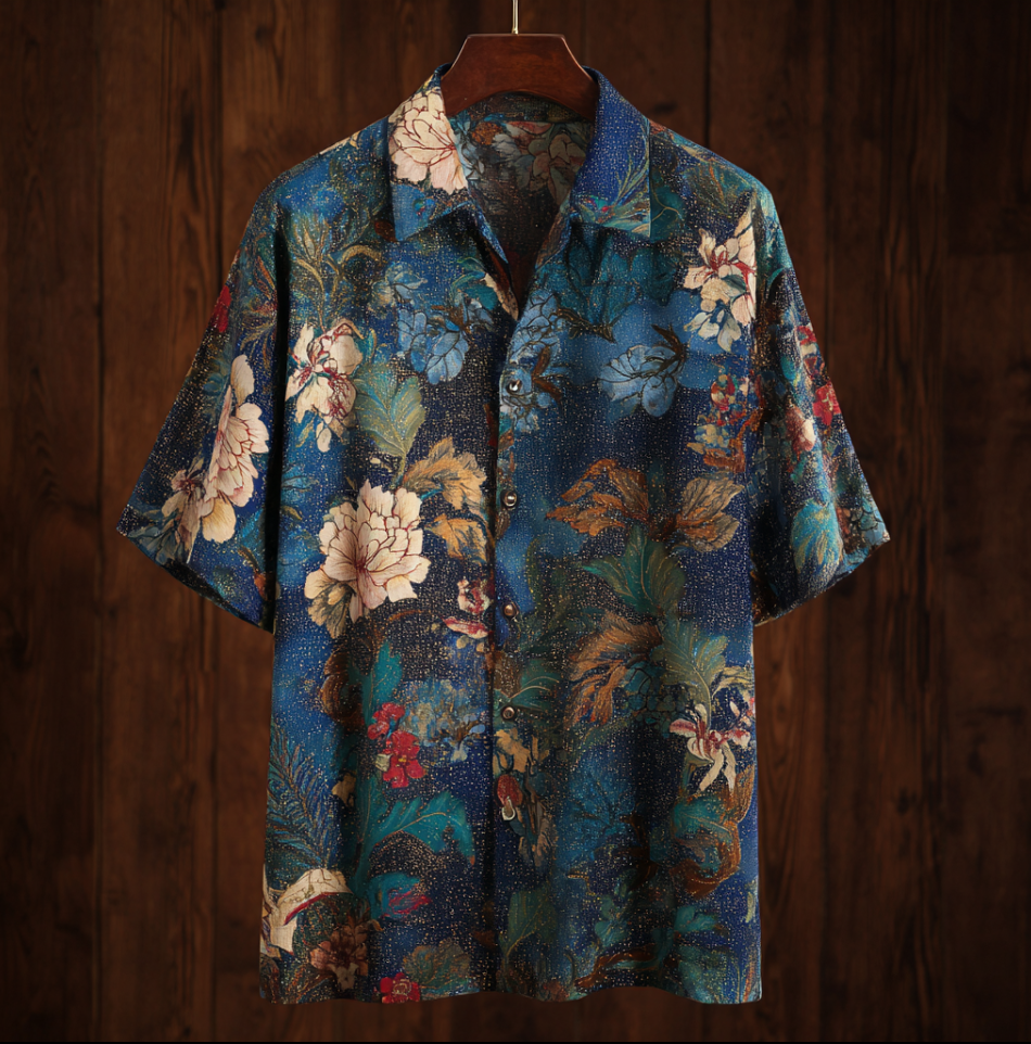 Bohemian Style Plant And Flower Pattern Men's Retro Cotton And Linen Shirt elevenforest
