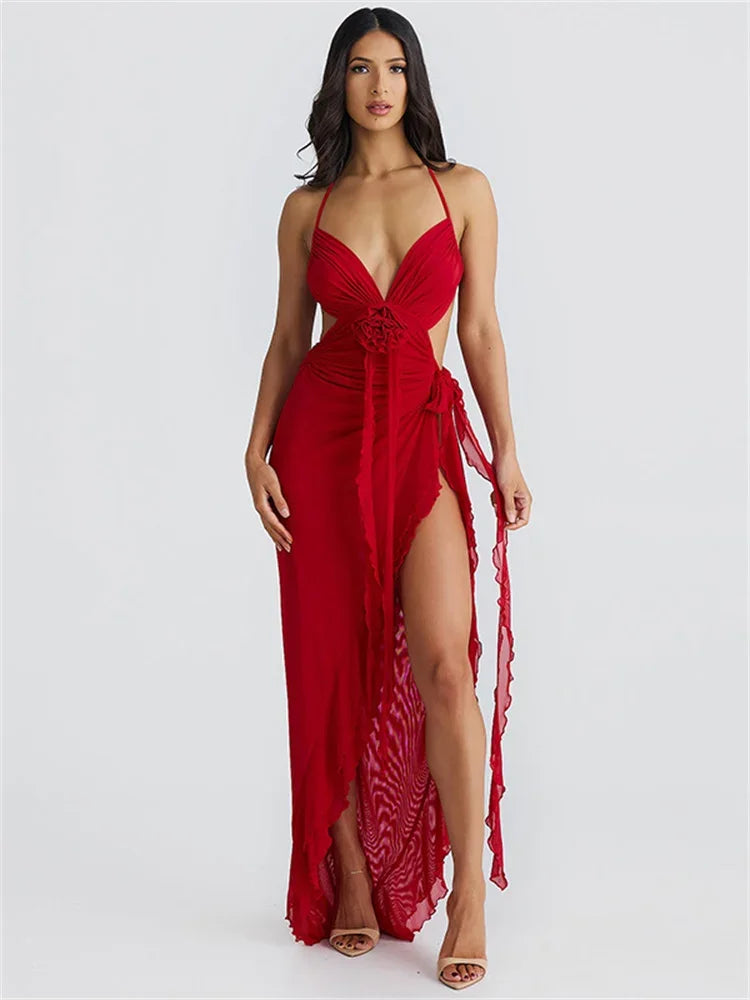 Printed Mesh Long Dress Lace-up Backless Hollow Out Ruffled Bandage Dress ’s Dress Summer