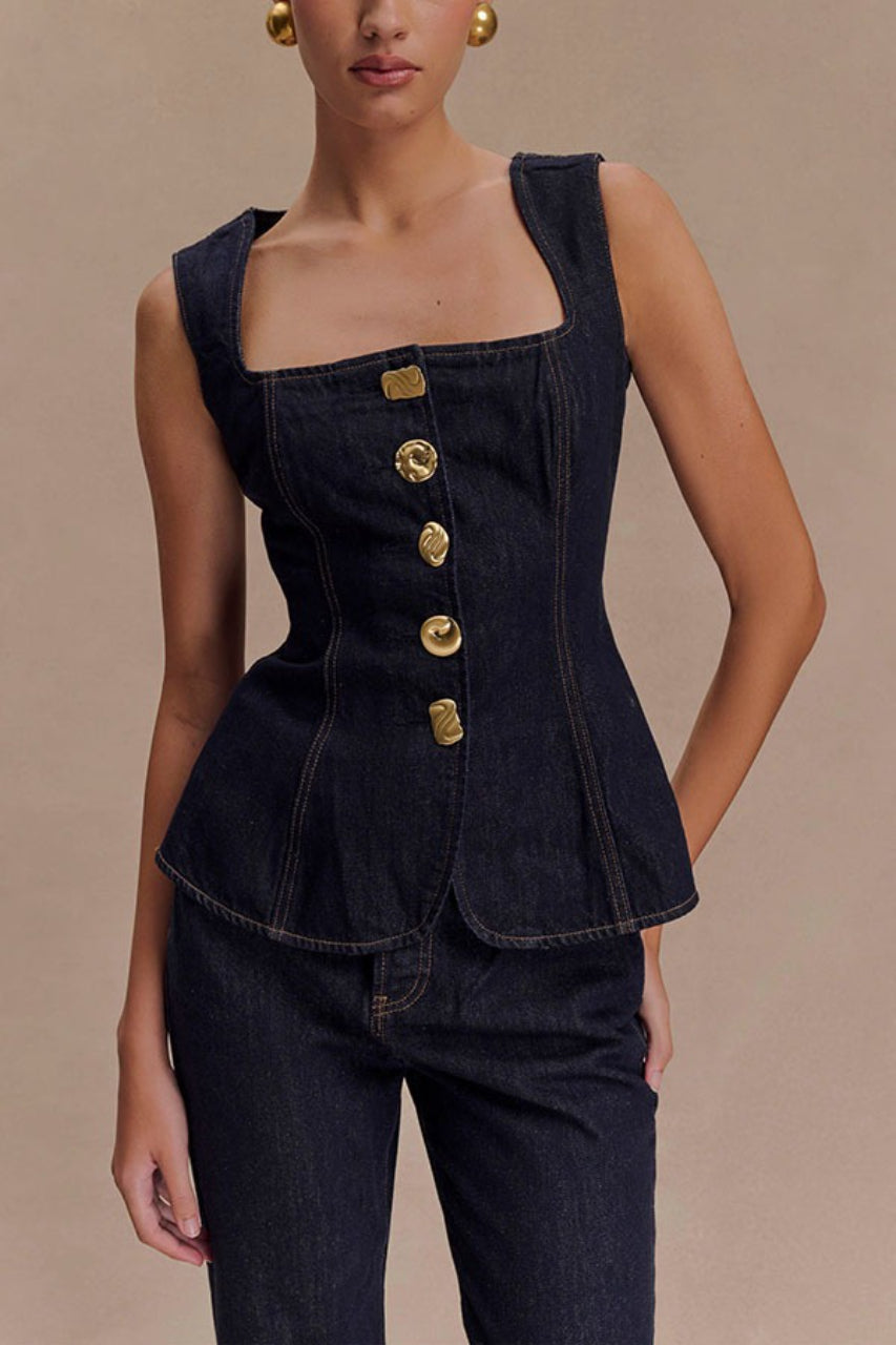 Button Front High Waist Denim Two Piece Vest Pants Set