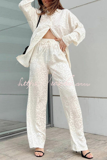 Leopard Print Jacquard Long Sleeved Shirt With Elastic Waist and Pant Two Piece Set