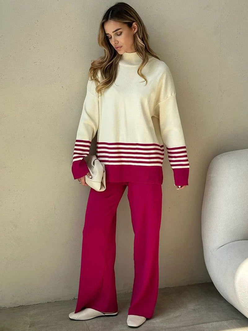 Rose Red - Striped Half-turtleneck Sweater Two Piece Set