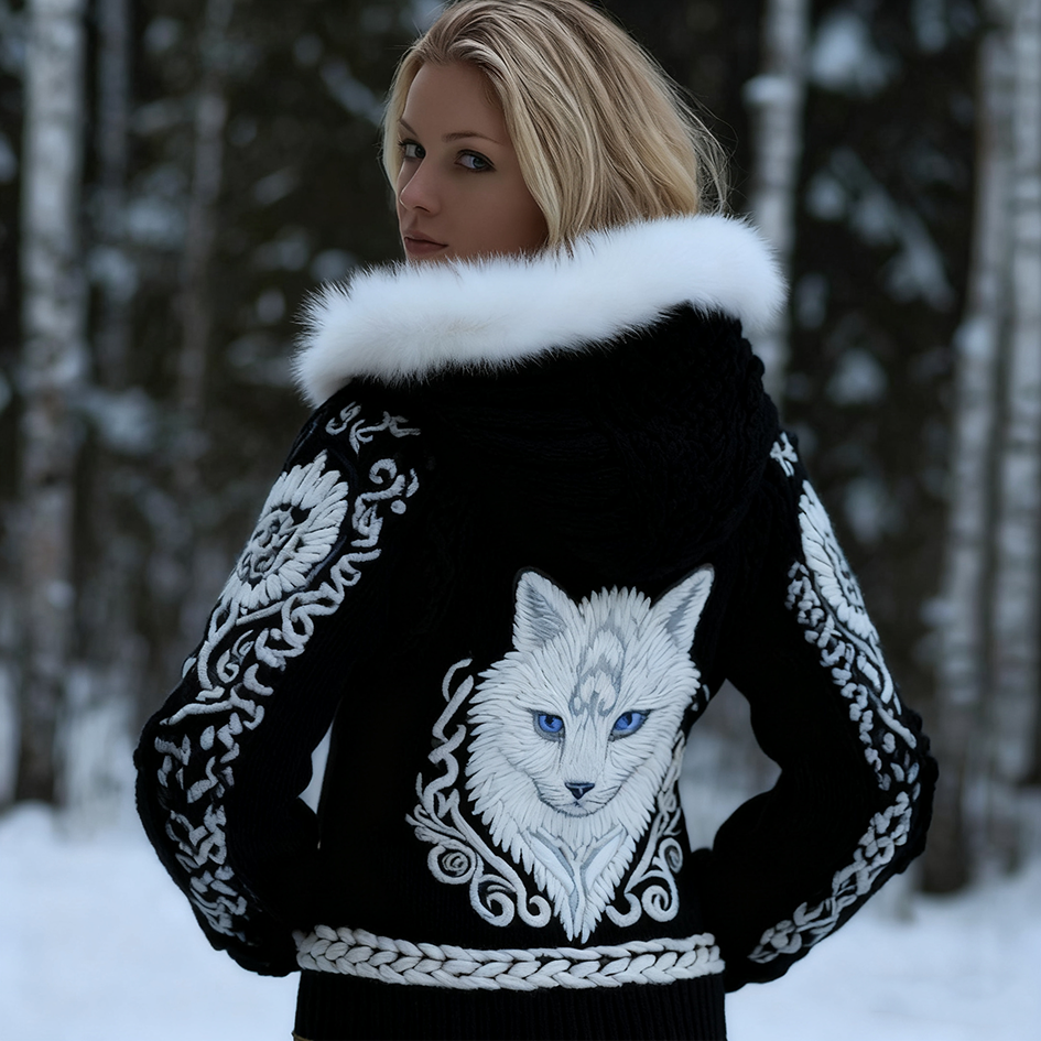 Viking Retro Style Cat Embroidery Pattern Women's Knit Hooded Sweater Jacket artswardrobe