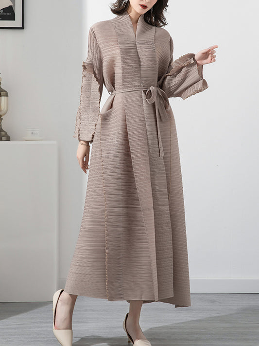 Long Sleeves Loose Tied Pleated Stand Collar Midi Dresses